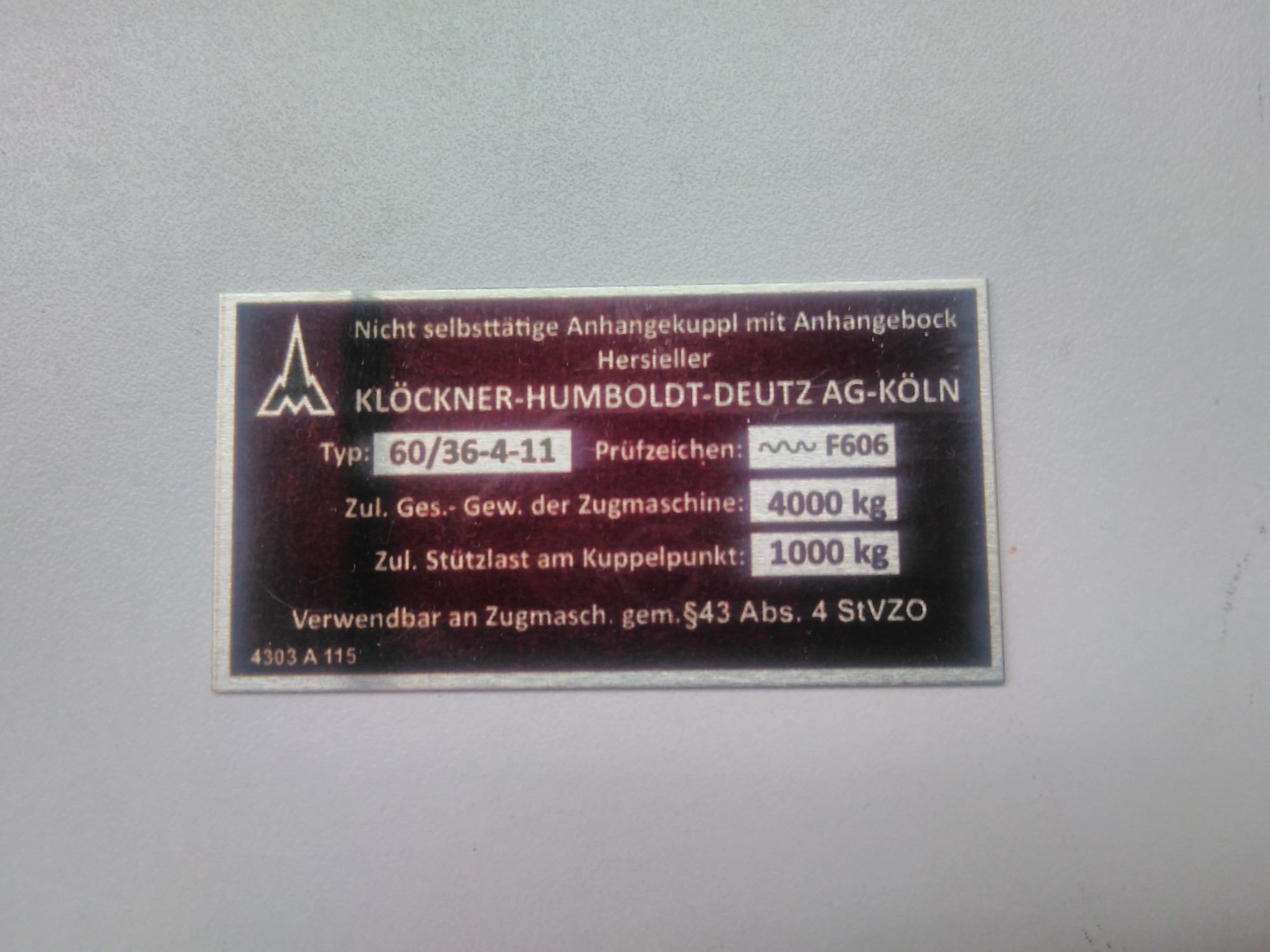 Deutz anhängerkupplung typenschild 60/36-4-11 52 x 27 mm