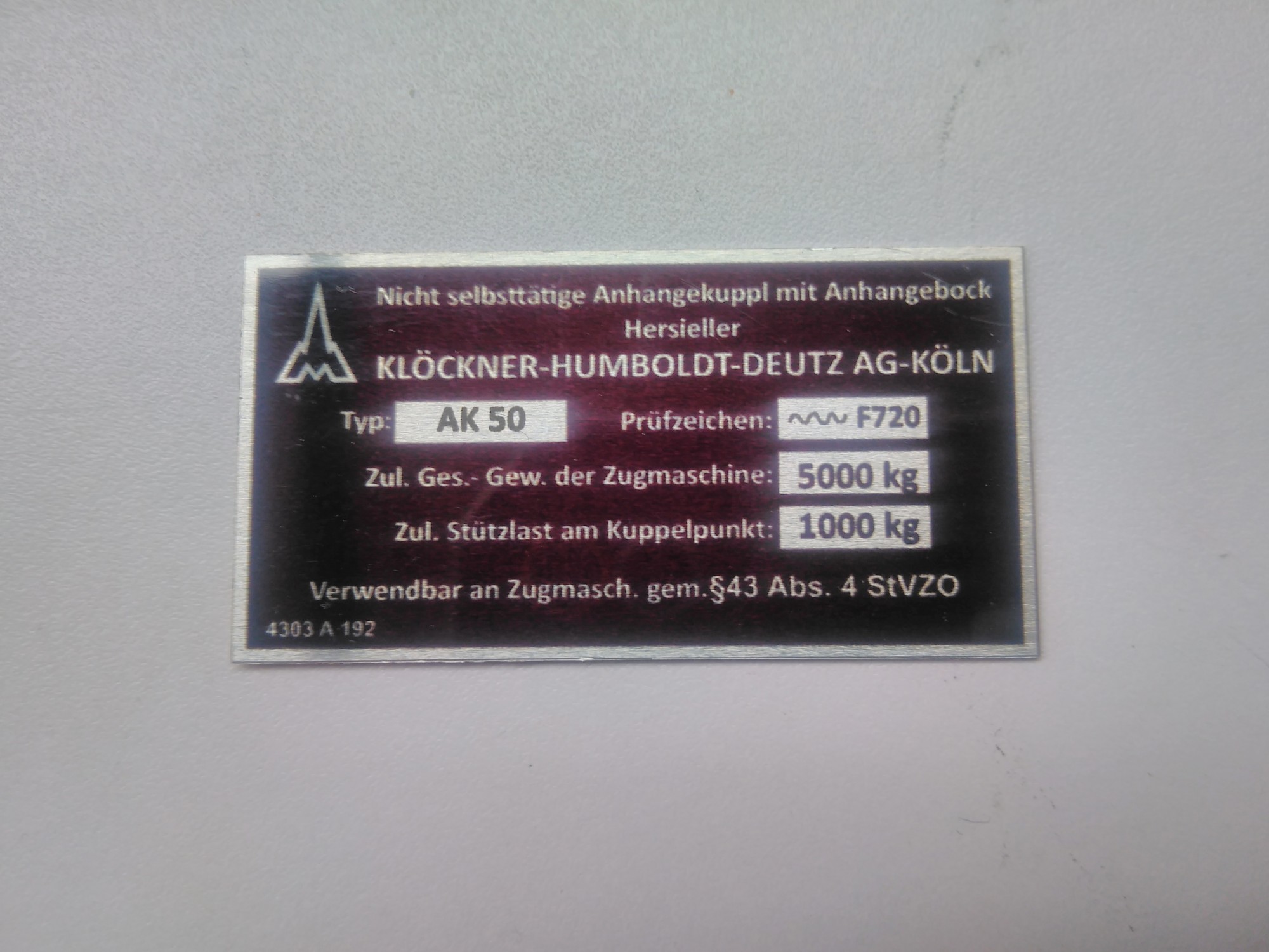 Deutz anhängerkupplung typenschild AK50 52 x 27 mm