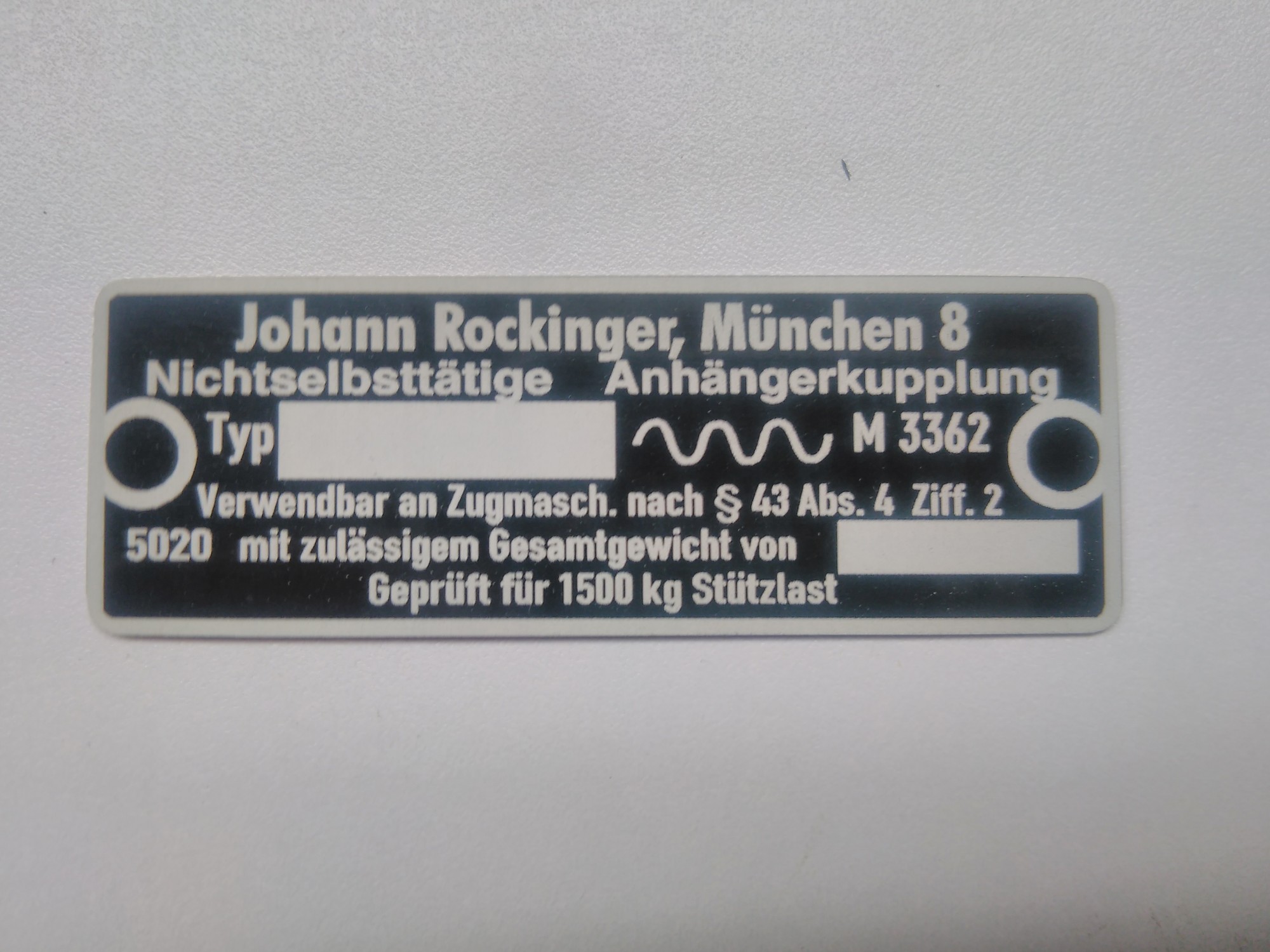 Johann Rockinger anhängerkupplung typenschild  66 x 23 mm